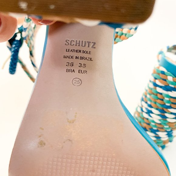 SCHUTZ blue braided block heel square toe sandal ankle wrap 38 - Picture 9 of 9
